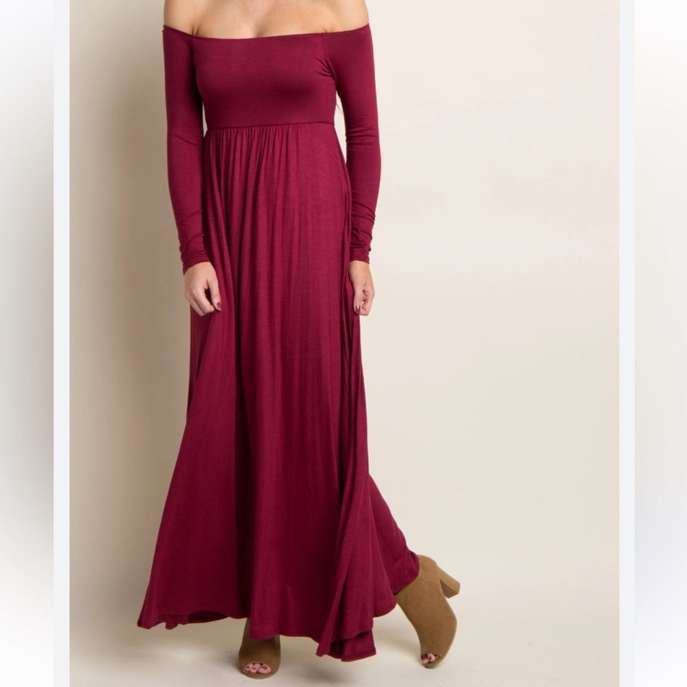 PinkBlush Burgundy Solid Off Shoulder Maternity Maxi Dress Size Small NWT